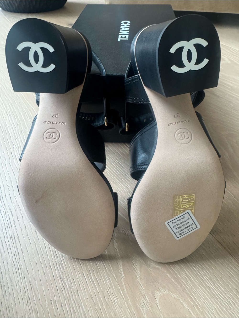 CHANEL Black Leather Block Heel Sandals with Gold CC Logos - Picture 7 of 8